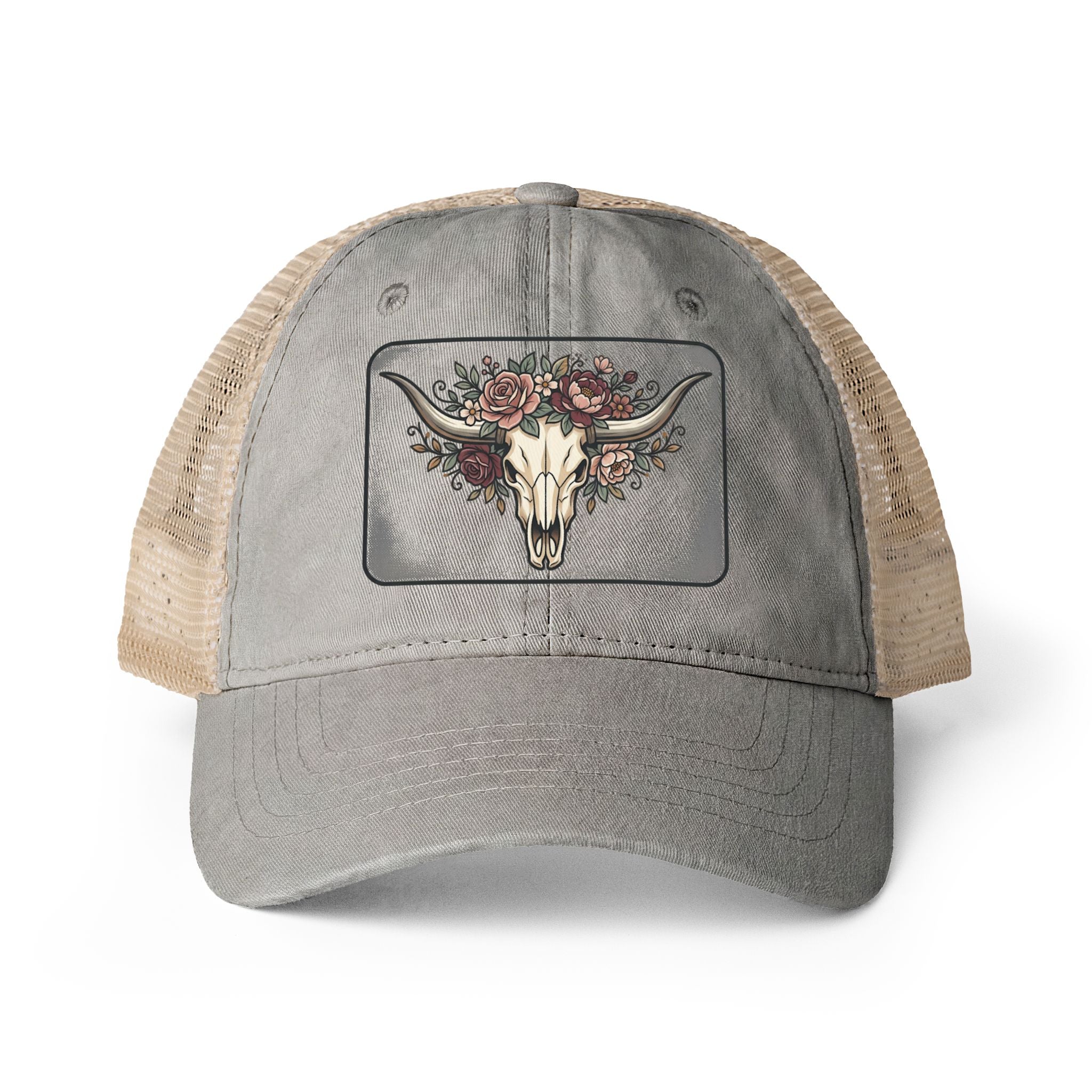 Longhorn and Roses Ponytail Women's Washed Mesh-Back Cap