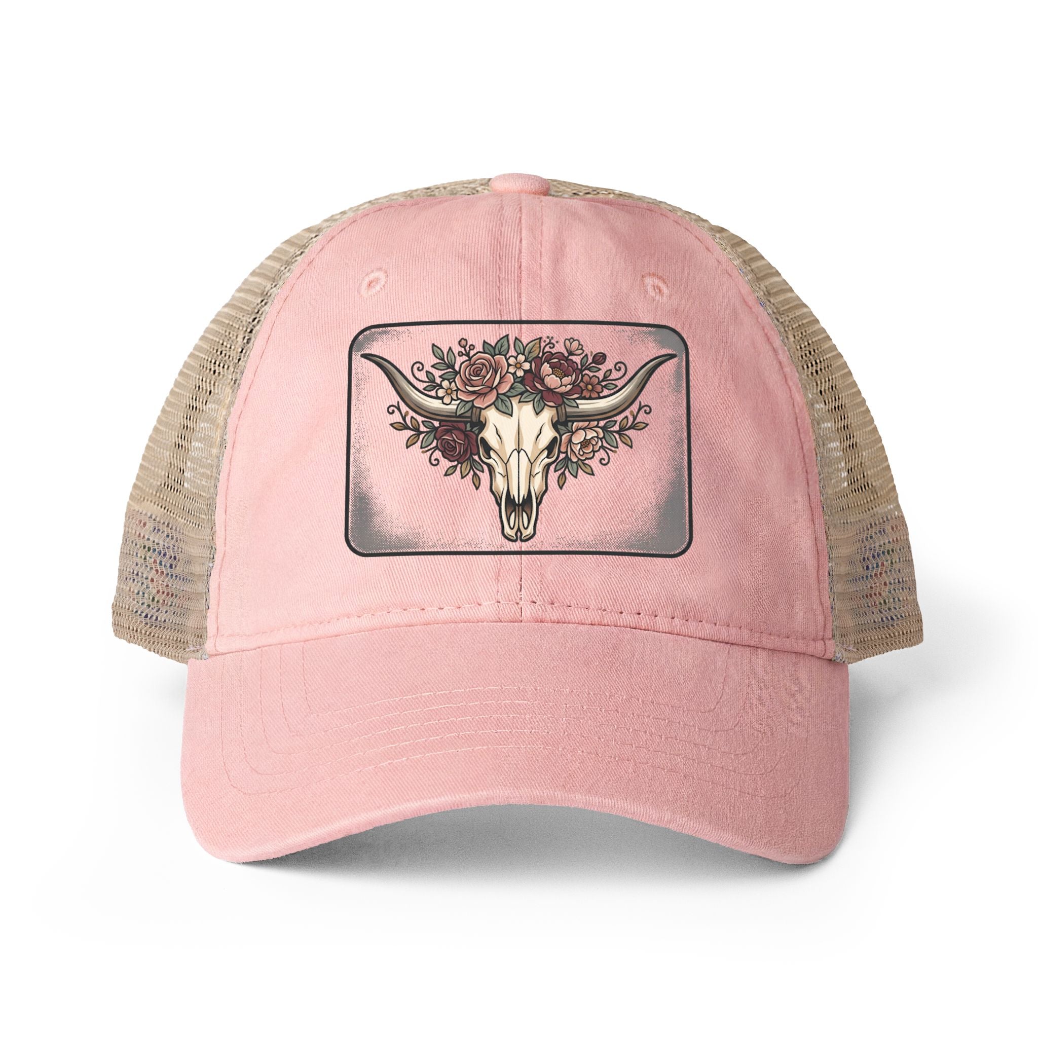 Longhorn and Roses Ponytail Women's Washed Mesh-Back Cap