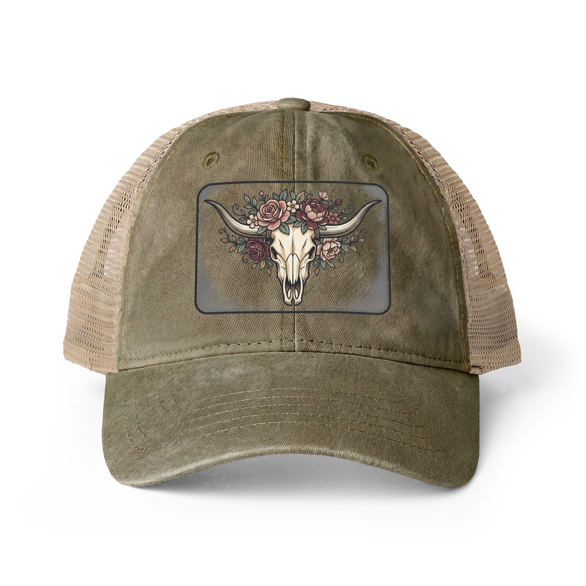 Longhorn and Roses Ponytail Women's Washed Mesh-Back Cap