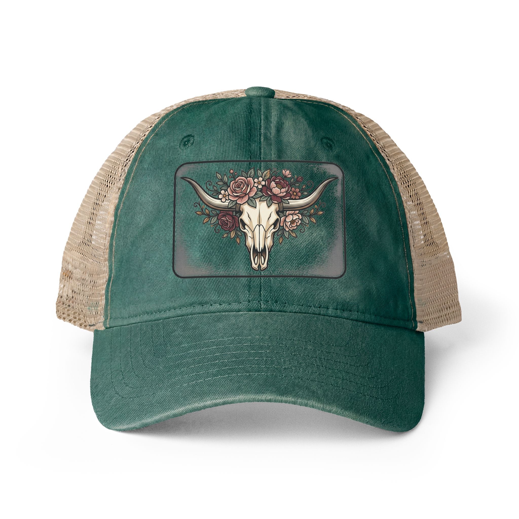 Longhorn and Roses Ponytail Women's Washed Mesh-Back Cap