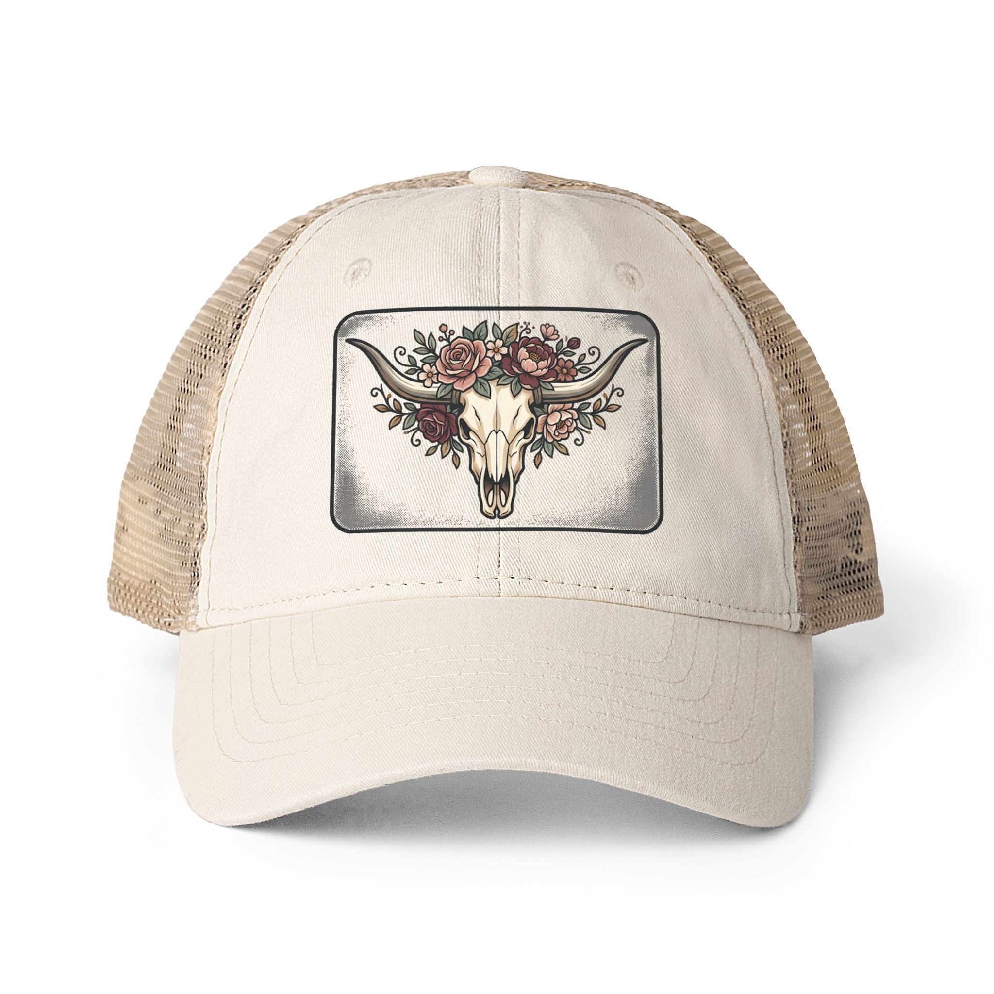 Longhorn and Roses Ponytail Women's Washed Mesh-Back Cap