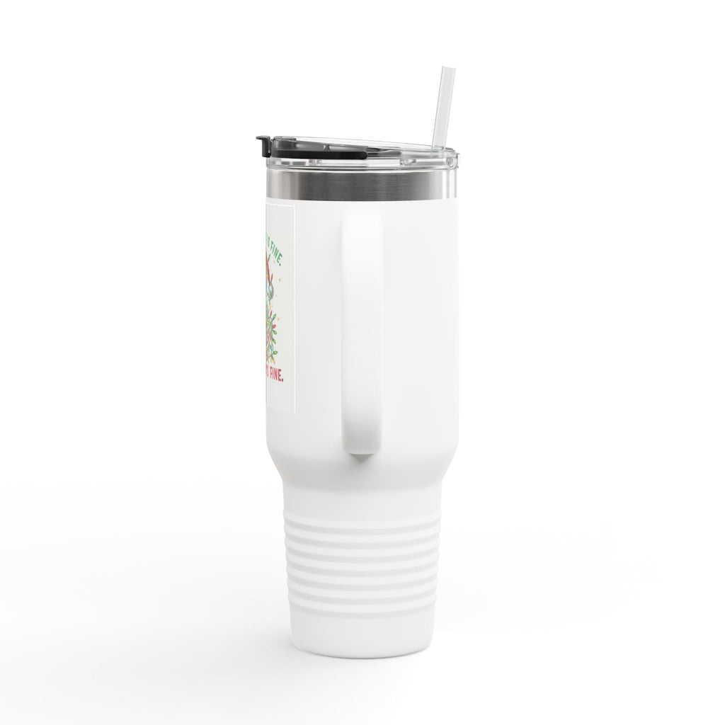 40oz Insulated Travel Mug — 'I'm Fine, This Is Fine' Holiday Skeleton Design