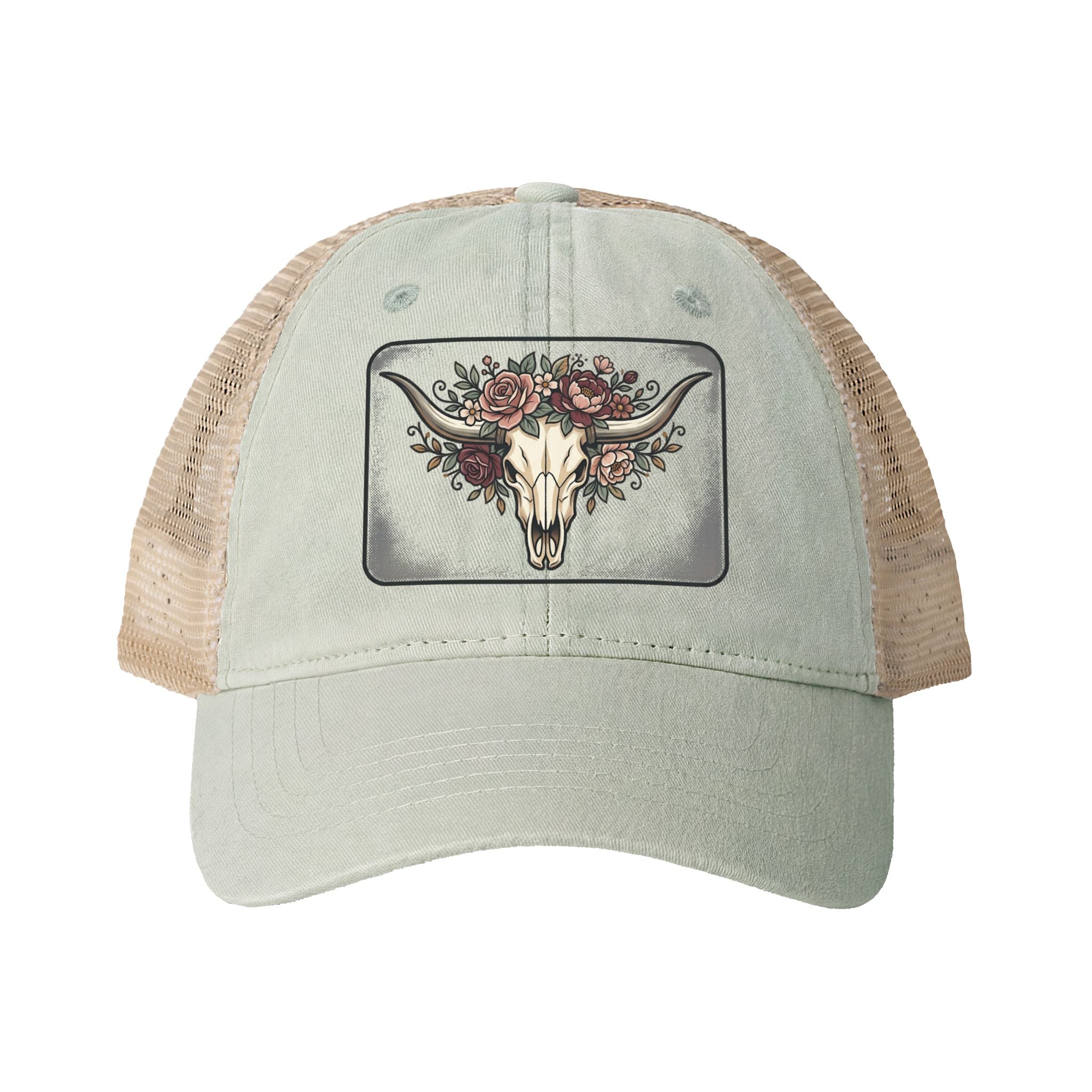 Longhorn and Roses Ponytail Women's Washed Mesh-Back Cap
