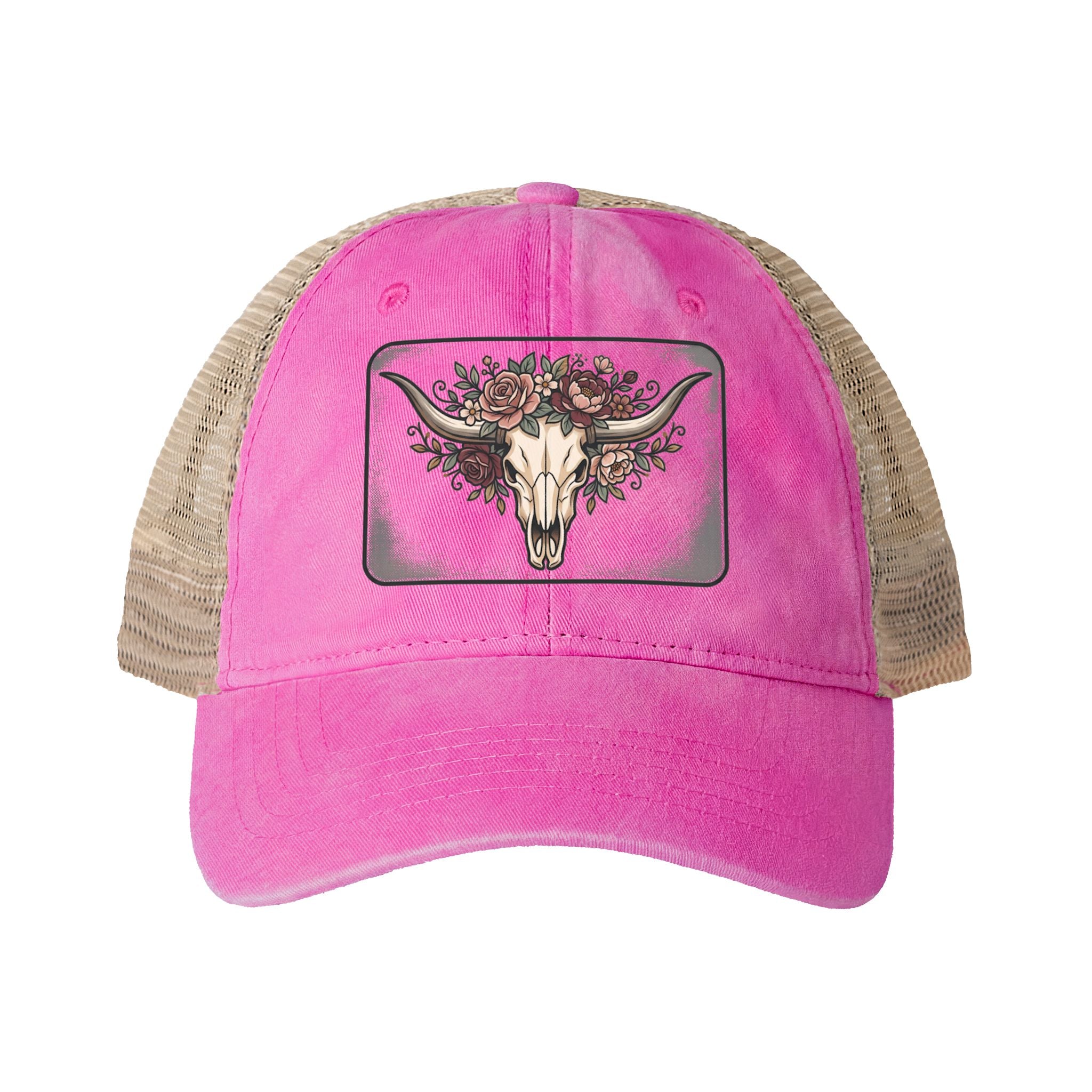 Longhorn and Roses Ponytail Women's Washed Mesh-Back Cap