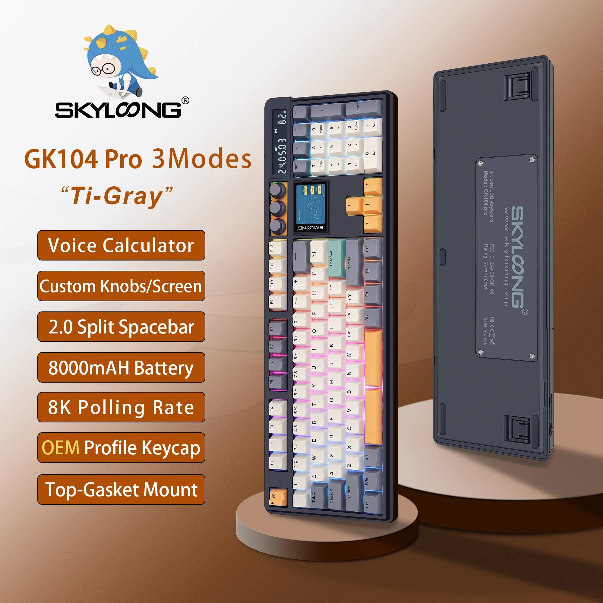 Wireless Mechanical Keyboard with 3.0 Screen 3 Knobs Hot-Swappable Silent Switch PBT keycaps